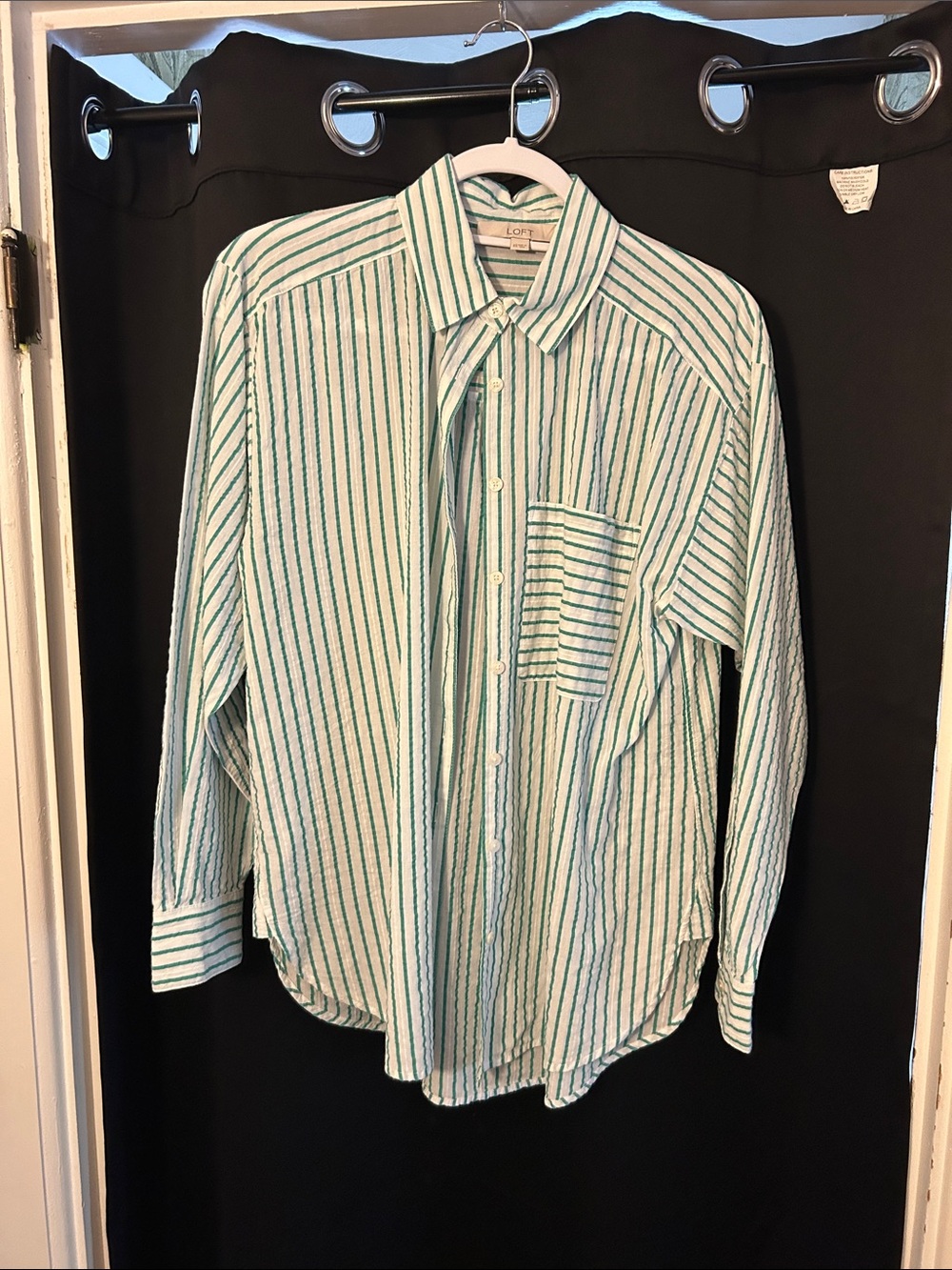 LOFT Green and White Striped Button-Down Shirt - Women's